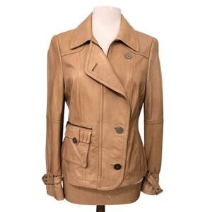 VTG Worth Tan Genuine Leather Jacket Women’s Size 10 Double Breasted Zip Pocket